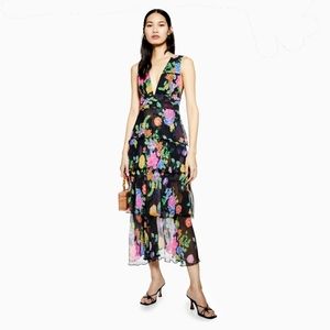 Topshop Black Floral Plunge Pinafore Dress